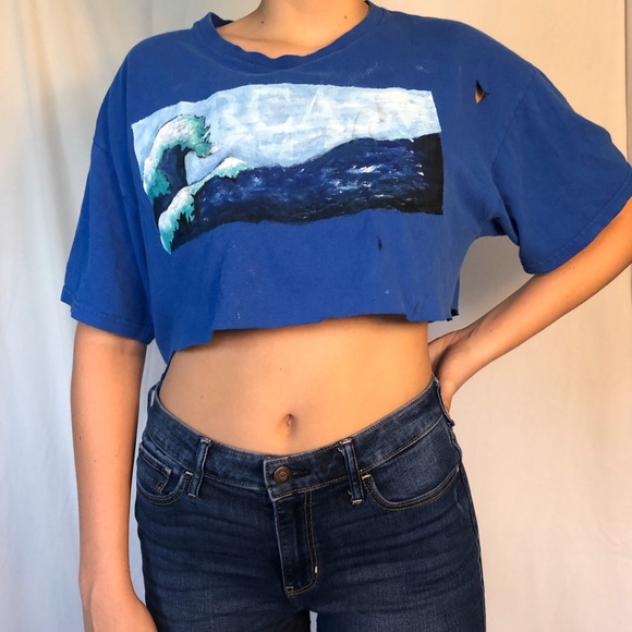Wave painted cropped blue t-shirt - Picture 4 of 7